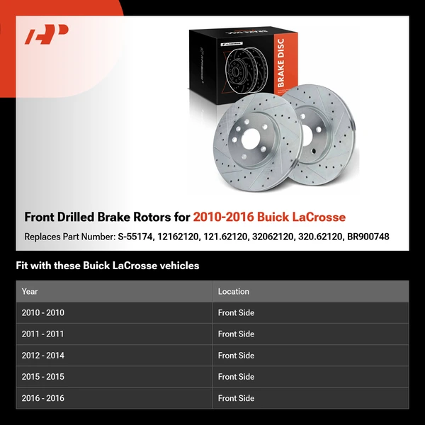 Front Drilled Brake Rotors for 2010-2016 Buick LaCrosse