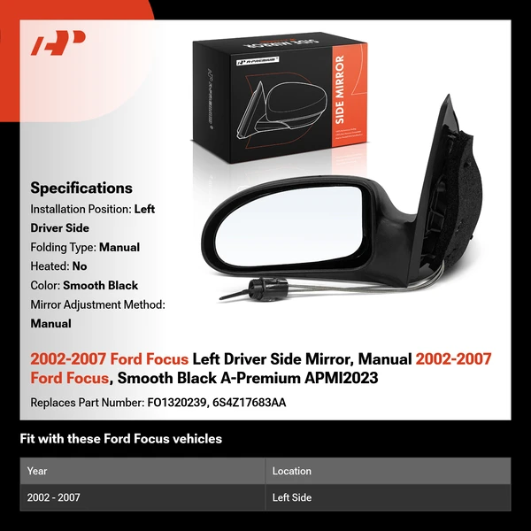 2002-2007 Ford Focus Left Driver Side Mirror, Manual 2002-2007 Ford Focus, Smooth Black A-Premium APMI2023