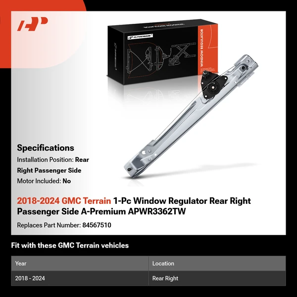 2018-2024 GMC Terrain 1-Pc Window Regulator Rear Right Passenger Side A-Premium APWR3362TW