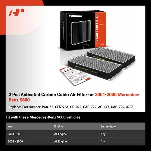 2 Pcs Activated Carbon Cabin Air Filter for 2001-2006 Mercedes-Benz S600