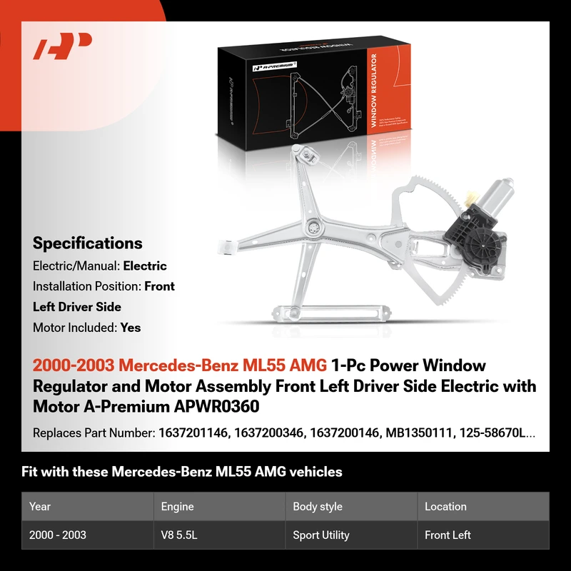 2000-2003 Mercedes-Benz ML55 AMG 1-Pc Power Window Regulator and Motor Assembly Front Left Driver Side Electric with Motor A-Premium APWR0360