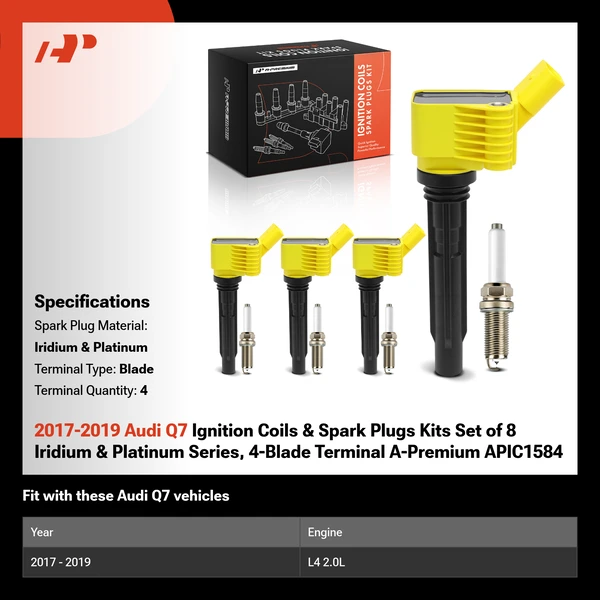 2017-2019 Audi Q7 Ignition Coils & Spark Plugs Kits Set of 8 Iridium & Platinum Series, 4-Blade Terminal A-Premium APIC1584