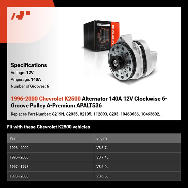 1996-2000 Chevrolet K2500 Alternator 140A 12V Clockwise 6-Groove Pulley A-Premium APALT536