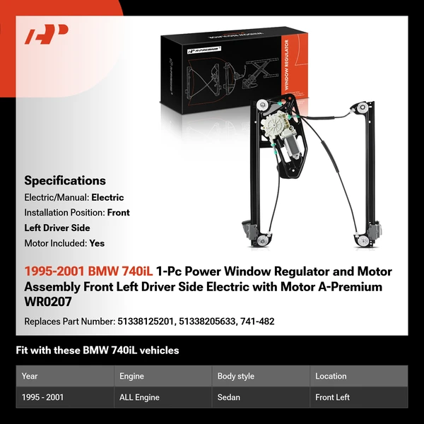 1995-2001 BMW 740iL 1-Pc Power Window Regulator and Motor Assembly Front Left Driver Side Electric with Motor A-Premium WR0207