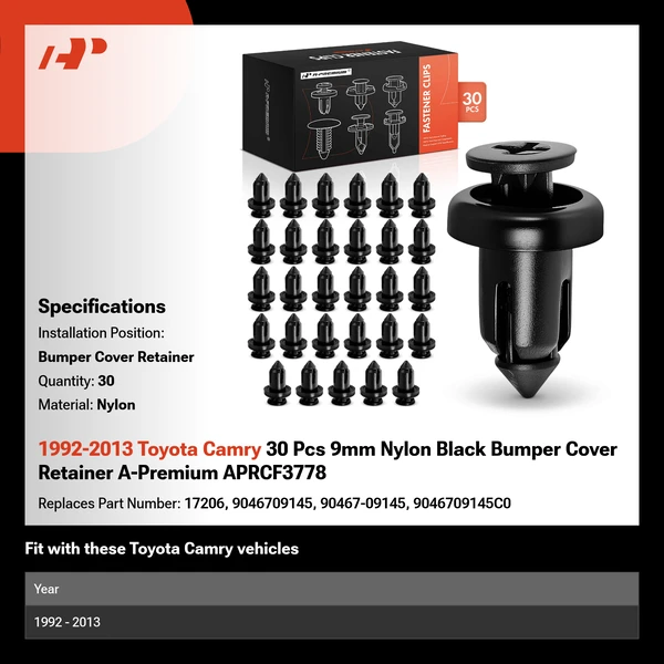 1992-2013 Toyota Camry 30 Pcs 9mm Nylon Black Bumper Cover Retainer A-Premium APRCF3778