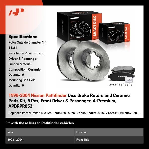 1998-2004 Nissan Pathfinder Disc Brake Rotors and Ceramic Pads Kit, 6 Pcs, Front Driver & Passenger, A-Premium, APBRPR853