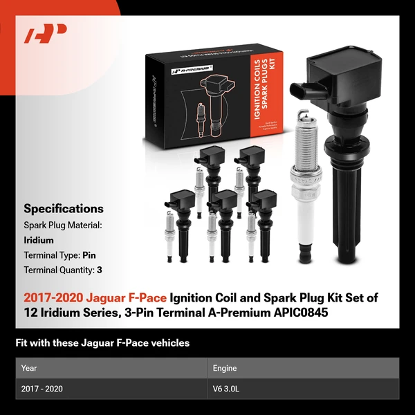 2017-2020 Jaguar F-Pace Ignition Coil and Spark Plug Kit Set of 12 Iridium Series, 3-Pin Terminal A-Premium APIC0845