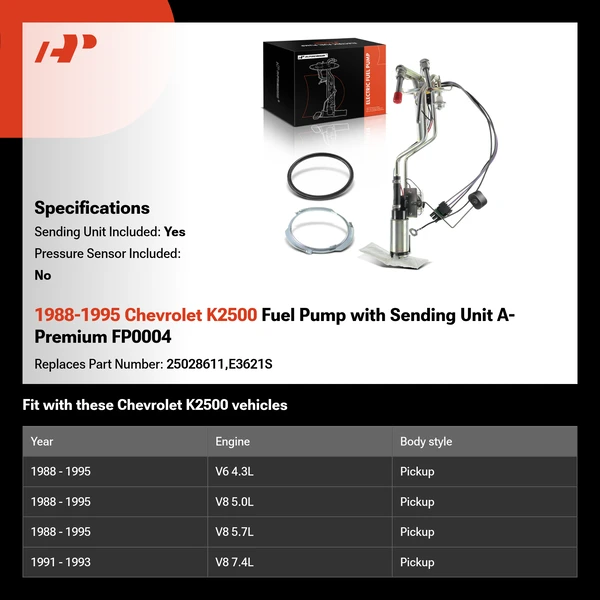 1988-1995 Chevrolet K2500 Fuel Pump with Sending Unit A-Premium FP0004