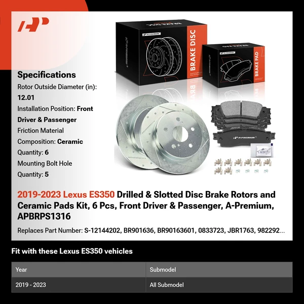 2019-2023 Lexus ES350 Drilled & Slotted Disc Brake Rotors and Ceramic Pads Kit, 6 Pcs, Front Driver & Passenger, A-Premium, APBRPS1316