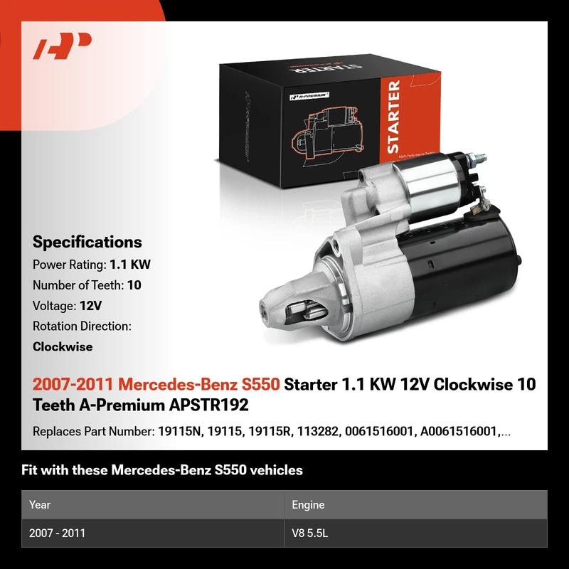 2007-2011 Mercedes-Benz S550 Starter 1.1 KW 12V Clockwise 10 Teeth A-Premium APSTR192