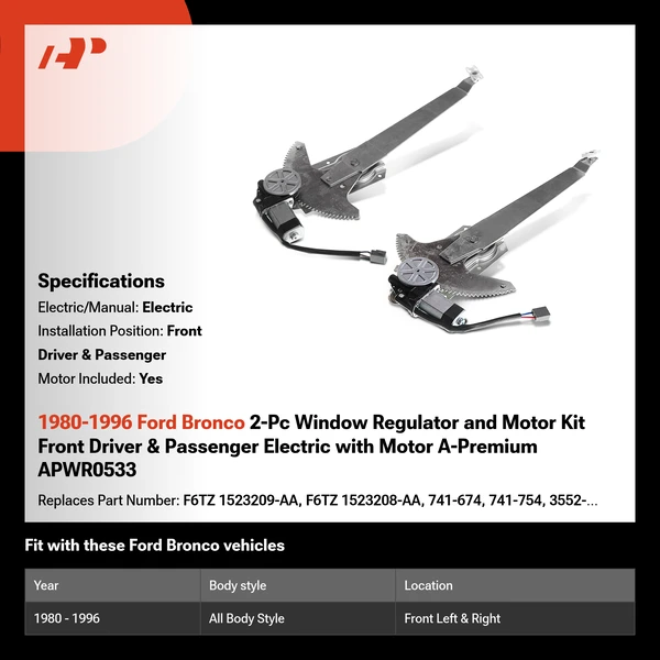 1980-1996 Ford Bronco 2-Pc Window Regulator and Motor Kit Front Driver & Passenger Electric with Motor A-Premium APWR0533