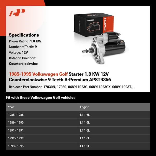 1985-1995 Volkswagen Golf Starter 1.8 KW 12V Counterclockwise 9 Teeth A-Premium APSTR356