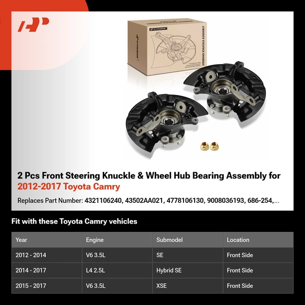2 Pcs Front Steering Knuckle & Wheel Hub Bearing Assembly for 2012-2017 Toyota Camry
