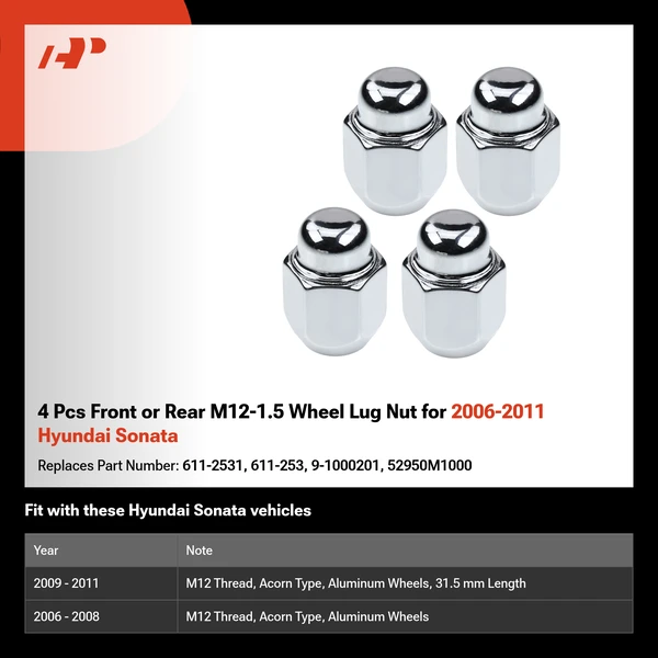 4 Pcs Front or Rear M12-1.5 Wheel Lug Nut for 2006-2011 Hyundai Sonata