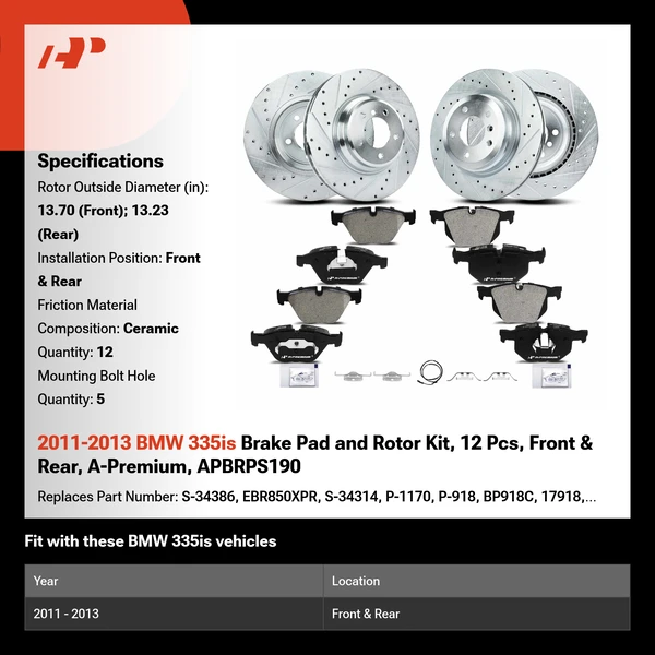 2011-2013 BMW 335is Brake Pad and Rotor Kit, 12 Pcs, Front & Rear, A-Premium, APBRPS190