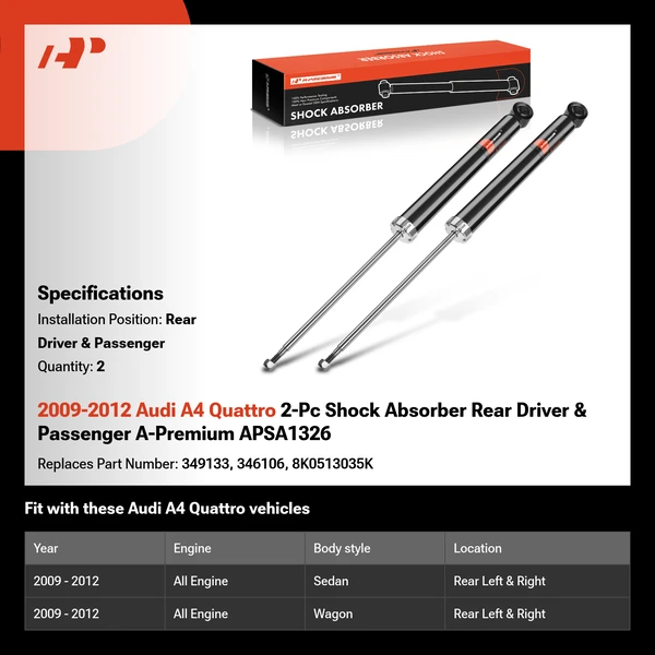 2009-2012 Audi A4 Quattro 2-Pc Shock Absorber Rear Driver & Passenger A-Premium APSA1326