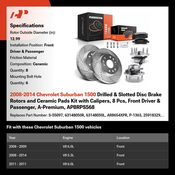 2008-2014 Chevrolet Suburban 1500 Drilled & Slotted Disc Brake Rotors and Ceramic Pads Kit with Calipers, 8 Pcs, Front Driver & Passenger, A-Premium, APBRPS568