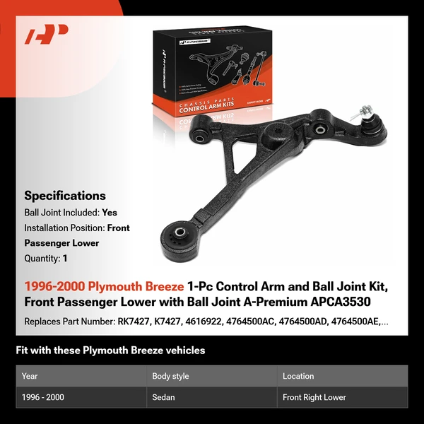 1996-2000 Plymouth Breeze 1-Pc Control Arm and Ball Joint Kit, Front Passenger Lower with Ball Joint A-Premium APCA3530