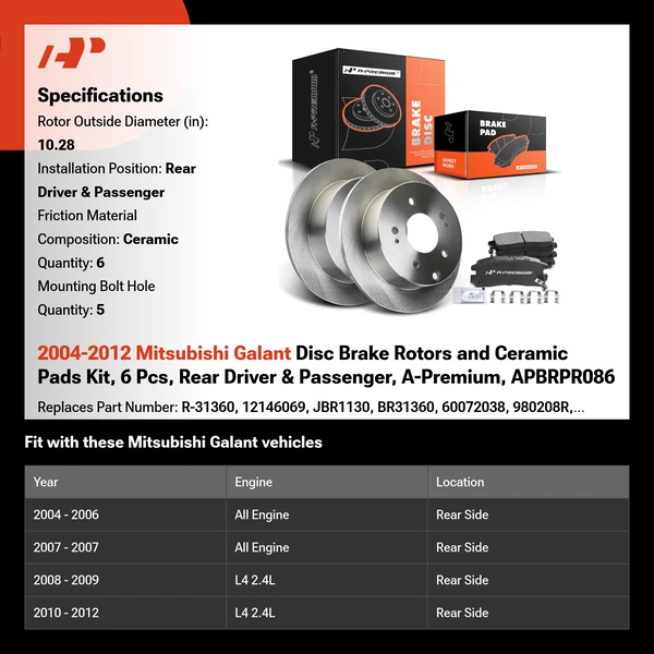 2004-2012 Mitsubishi Galant Disc Brake Rotors and Ceramic Pads Kit, 6 Pcs, Rear Driver & Passenger, A-Premium, APBRPR086
