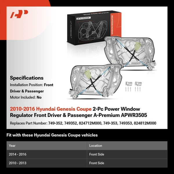 2010-2016 Hyundai Genesis Coupe 2-Pc Power Window Regulator Front Driver & Passenger A-Premium APWR3505