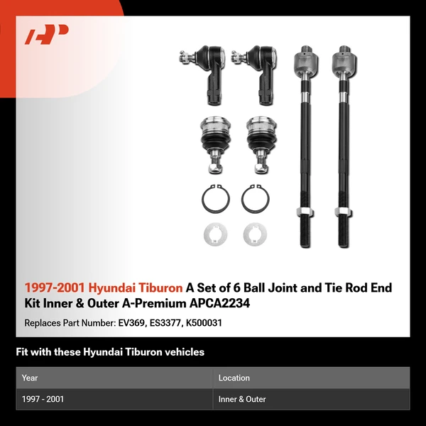 1997-2001 Hyundai Tiburon A Set of 6 Ball Joint and Tie Rod End Kit Inner & Outer A-Premium APCA2234