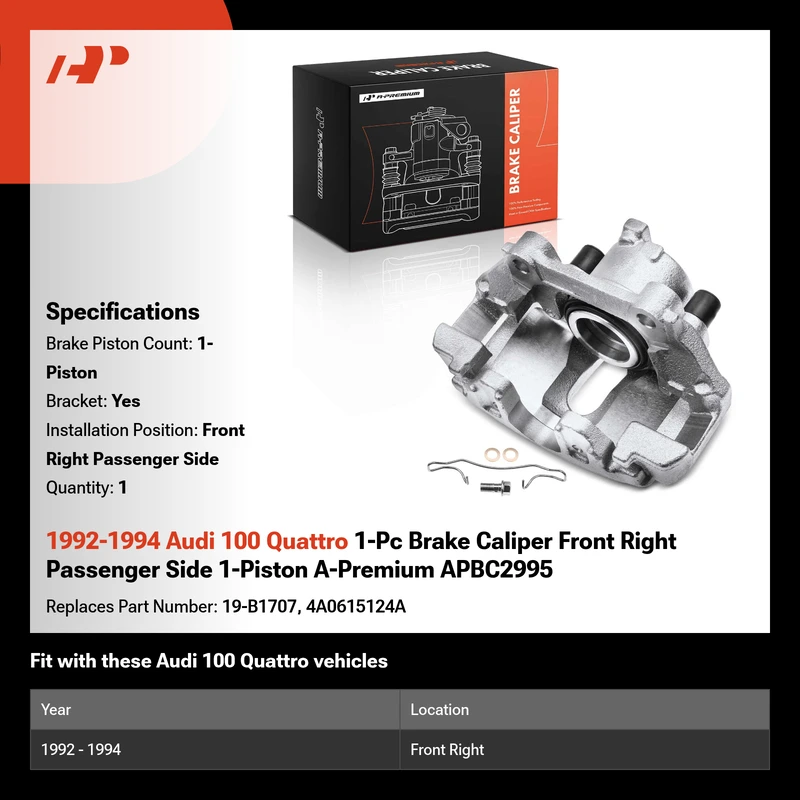 1992-1994 Audi 100 Quattro 1-Pc Brake Caliper Front Right Passenger Side 1-Piston A-Premium APBC2995