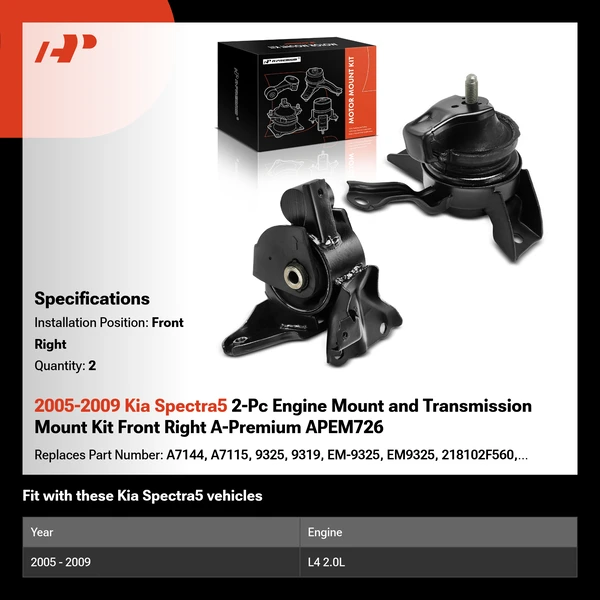 2005-2009 Kia Spectra5 2-Pc Engine Mount and Transmission Mount Kit Front Right A-Premium APEM726