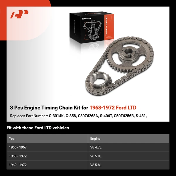 3 Pcs Engine Timing Chain Kit for 1968-1972 Ford LTD