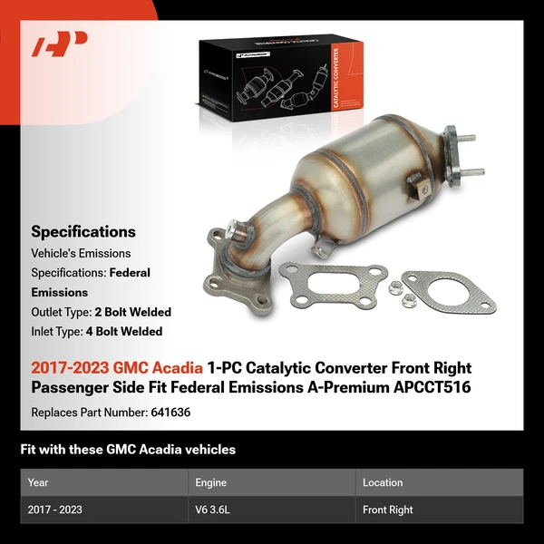 2017-2023 GMC Acadia 1-PC Catalytic Converter Front Right Passenger Side Fit Federal Emissions A-Premium APCCT516