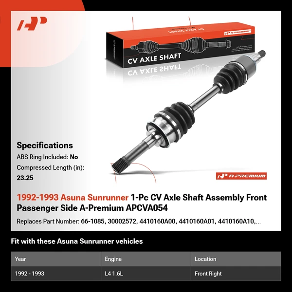 1992-1993 Asuna Sunrunner 1-Pc CV Axle Shaft Assembly Front Passenger Side A-Premium APCVA054