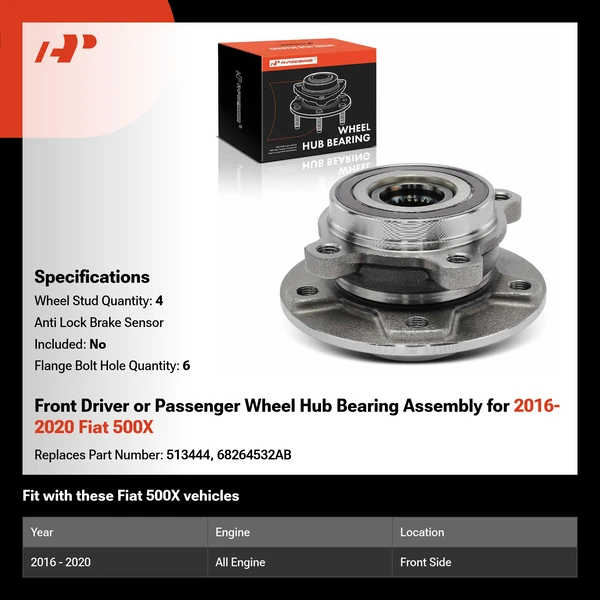 Front Driver or Passenger Wheel Hub Bearing Assembly for 2016-2020 Fiat 500X