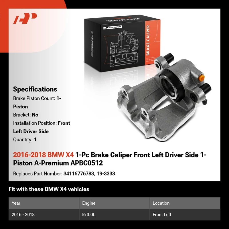 2016-2018 BMW X4 1-Pc Brake Caliper Front Left Driver Side 1-Piston A-Premium APBC0512
