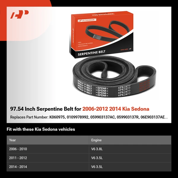 97.54 Inch Serpentine Belt for 2006-2012 2014 Kia Sedona