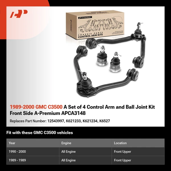 1989-2000 GMC C3500 A Set of 4 Control Arm and Ball Joint Kit Front Side A-Premium APCA3148