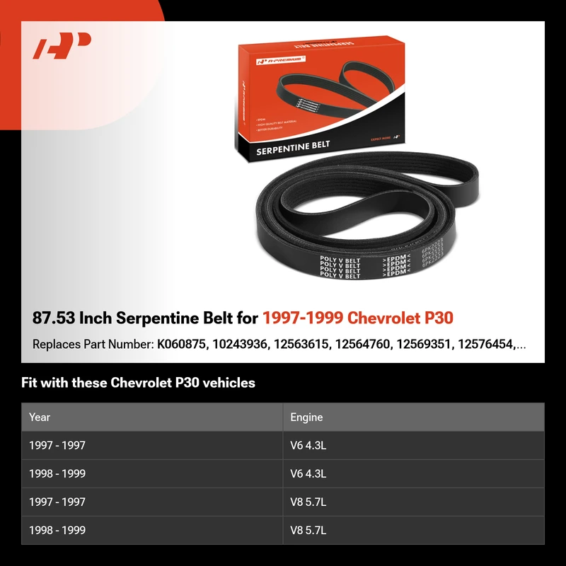 87.53 Inch Serpentine Belt for 1997-1999 Chevrolet P30
