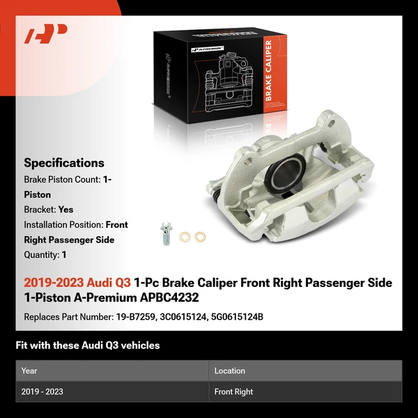 2019-2023 Audi Q3 1-Pc Brake Caliper Front Right Passenger Side 1-Piston A-Premium APBC4232