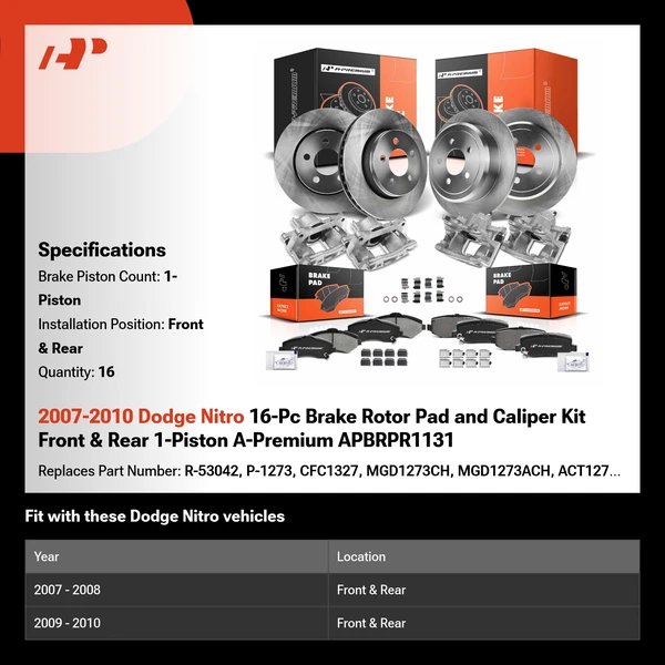 2007-2010 Dodge Nitro 16-Pc Brake Rotor Pad and Caliper Kit Front & Rear 1-Piston A-Premium APBRPR1131