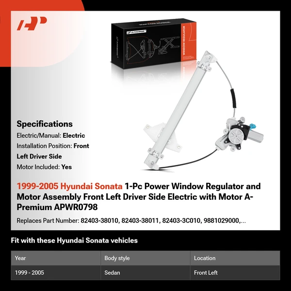 1999-2005 Hyundai Sonata 1-Pc Power Window Regulator and Motor Assembly Front Left Driver Side Electric with Motor A-Premium APWR0798