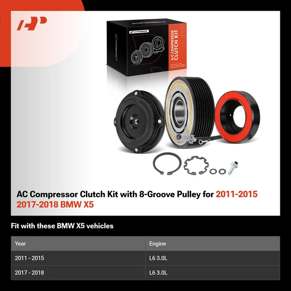 AC Compressor Clutch Kit with 8-Groove Pulley for 2011-2015 2017-2018 BMW X5