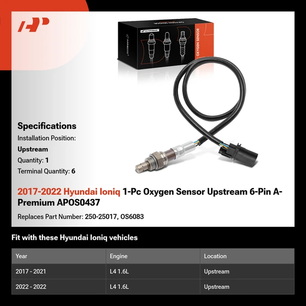 2017-2022 Hyundai Ioniq 1-Pc Oxygen Sensor Upstream 6-Pin A-Premium APOS0437