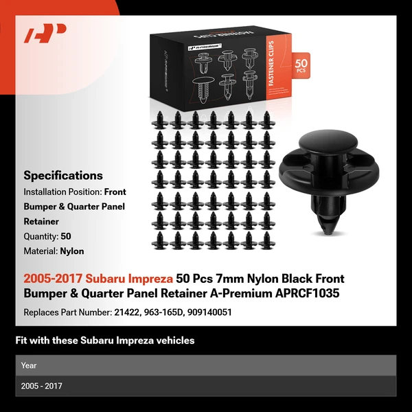 2005-2017 Subaru Impreza 50 Pcs 7mm Nylon Black Front Bumper & Quarter Panel Retainer A-Premium APRCF1035