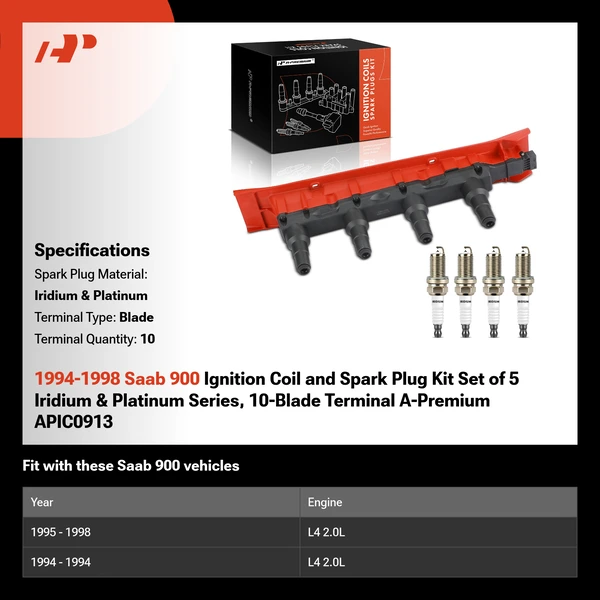 1994-1998 Saab 900 Ignition Coil and Spark Plug Kit Set of 5 Iridium & Platinum Series, 10-Blade Terminal A-Premium APIC0913