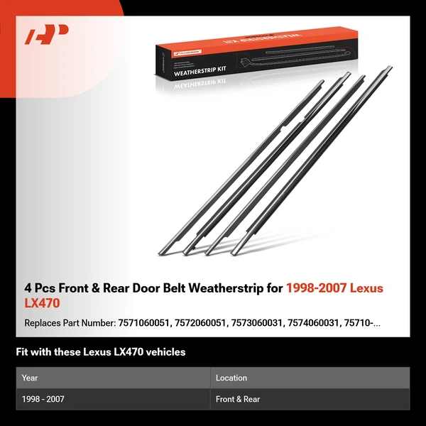 4 Pcs Front & Rear Door Belt Weatherstrip for 1998-2007 Lexus LX470