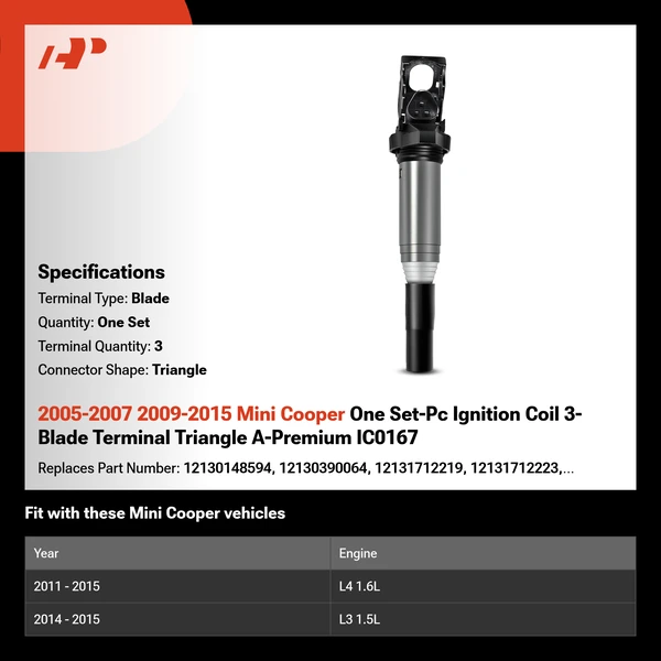 2005-2007 2009-2015 Mini Cooper One Set-Pc Ignition Coil 3-Blade Terminal Triangle A-Premium IC0167