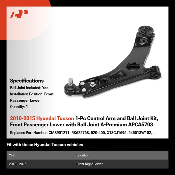 2010-2015 Hyundai Tucson 1-Pc Control Arm and Ball Joint Kit, Front Passenger Lower with Ball Joint A-Premium APCA5703