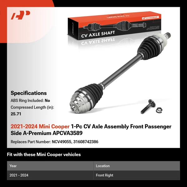 2021-2024 Mini Cooper 1-Pc CV Axle Assembly Front Passenger Side A-Premium APCVA3589