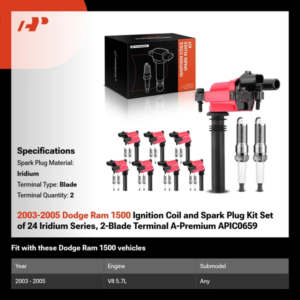 2003-2005 Dodge Ram 1500 Ignition Coil and Spark Plug Kit Set of 24 Iridium Series, 2-Blade Terminal A-Premium APIC0659