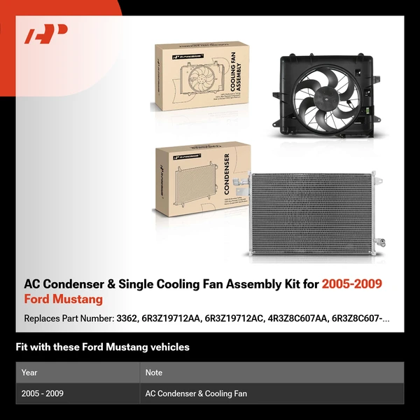 AC Condenser & Single Cooling Fan Assembly Kit for 2005-2009 Ford Mustang