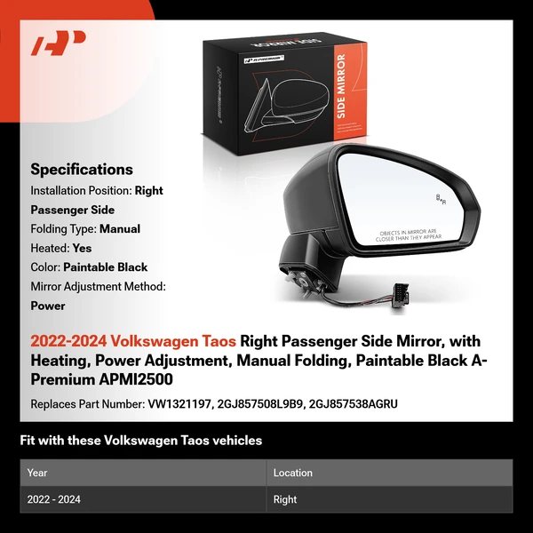 2022-2024 Volkswagen Taos Right Passenger Side Mirror, with Heating, Power Adjustment, Manual Folding, Paintable Black A-Premium APMI2500