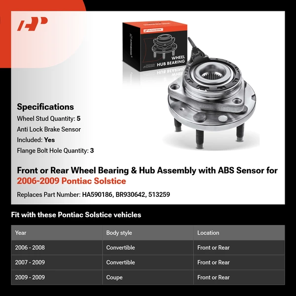 Front or Rear Wheel Bearing & Hub Assembly with ABS Sensor for 2006-2009 Pontiac Solstice
